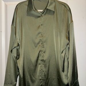 SHEIN Satin Olive Green Button-Up Shirt
